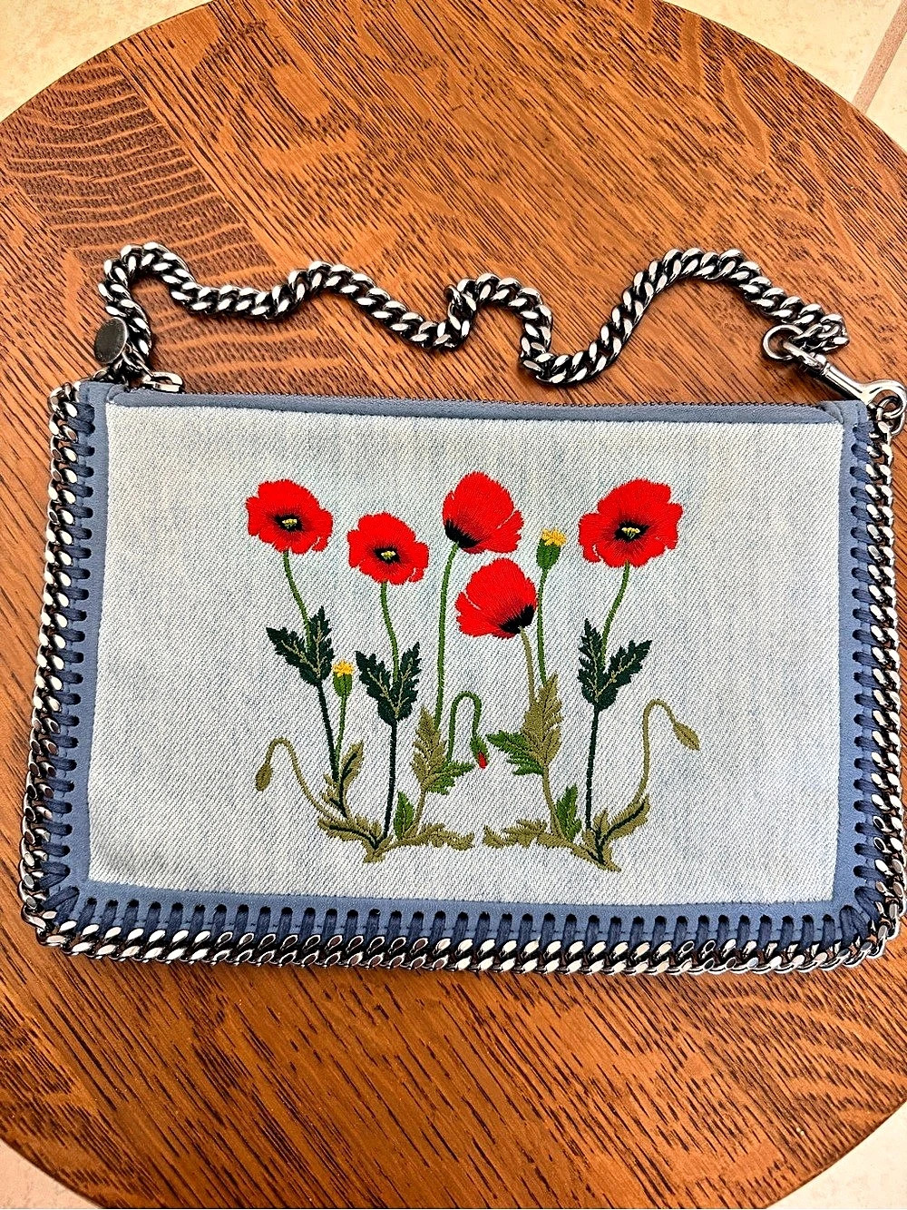 Stella McCartney Denim Poppy Embroidered Falabella Clutch Shoulder Bag